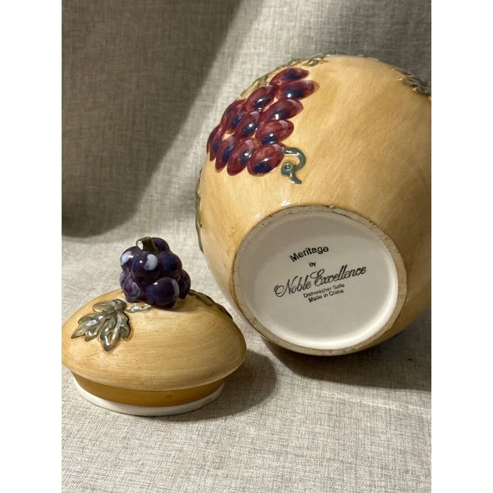 Noble Excellence Ceramic Canister Embossed Vintage Grapes & Leaves Design 10 in